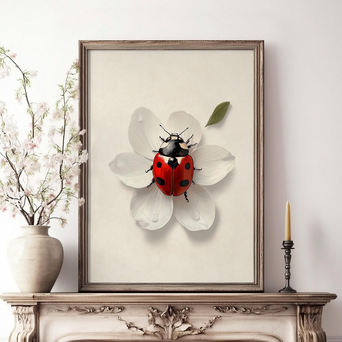 Red Ladybug on White Flower Macro Minimalist Nature Wall Poster - Image 4
