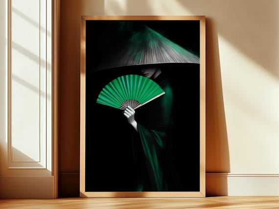 Emerald Green Artwork Conical Hat Art Print Japanese Fan Wall Art Mysterious Portrait Painting Dark Moody Decor Home Styling 227