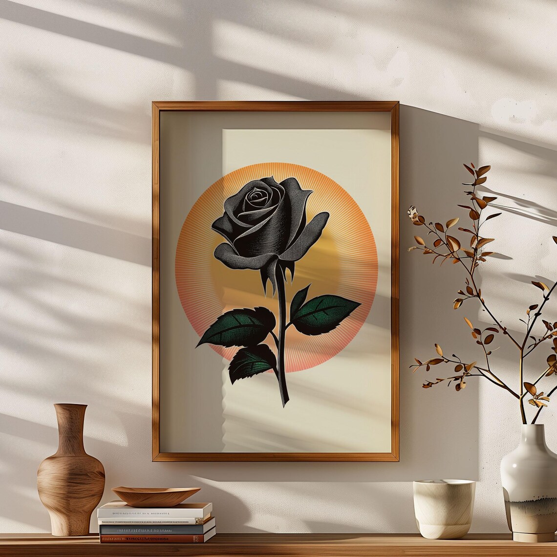 Black Rose Orange Sunburst Retro Botanical Floral Graphic Poster - Image 2