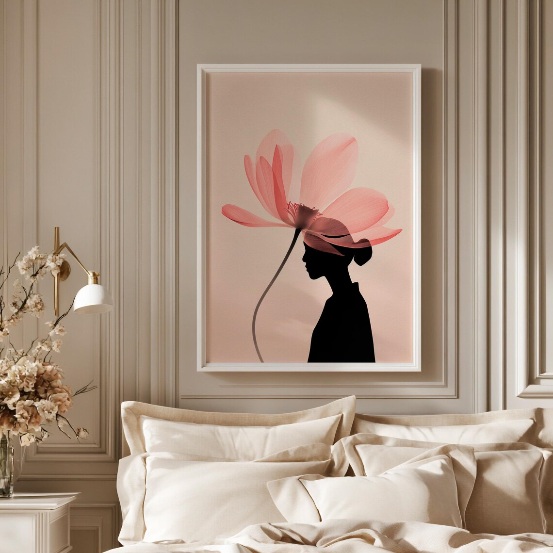 Woman Silhouette Pink Cosmos Flower Bloom Feminine Abstract Poster - Image 3