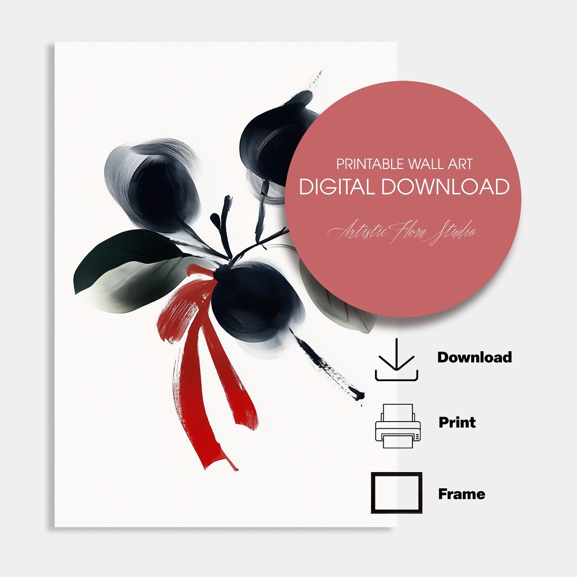Ink Plum Branch Red Ribbon Watercolor Art and Greeting Card Poster - Image 4