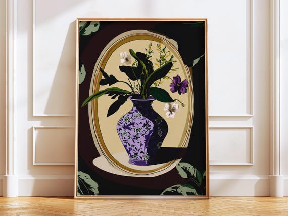 Still Life Oil Painting Flower In Vase Abstract Print Maximalism Decor Art Deco Dark Moody Purple Style Porcelain Artwork Home Wall Art 74