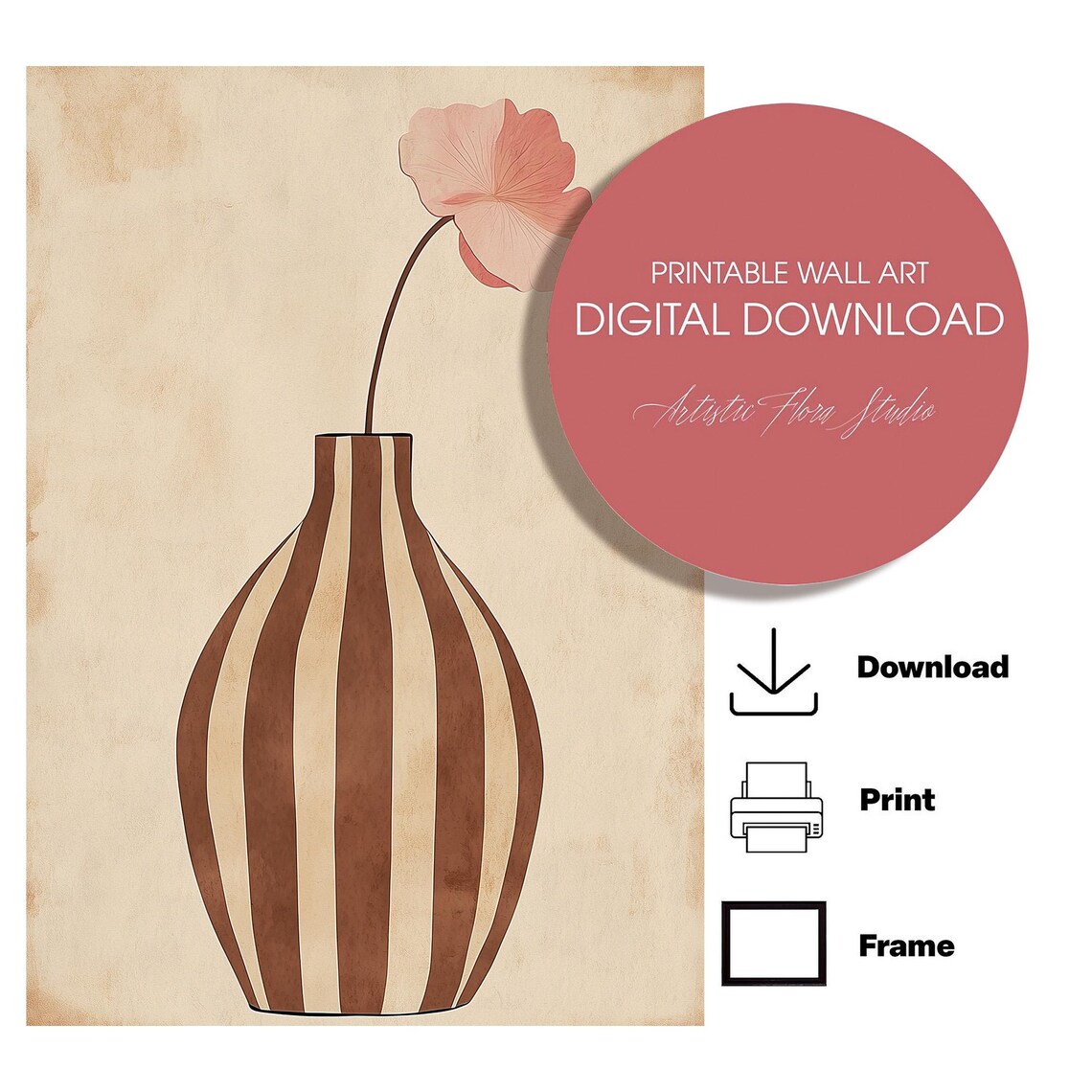 Striped Terracotta Vase with Pink Poppy Minimalist Art Poster - Image 2