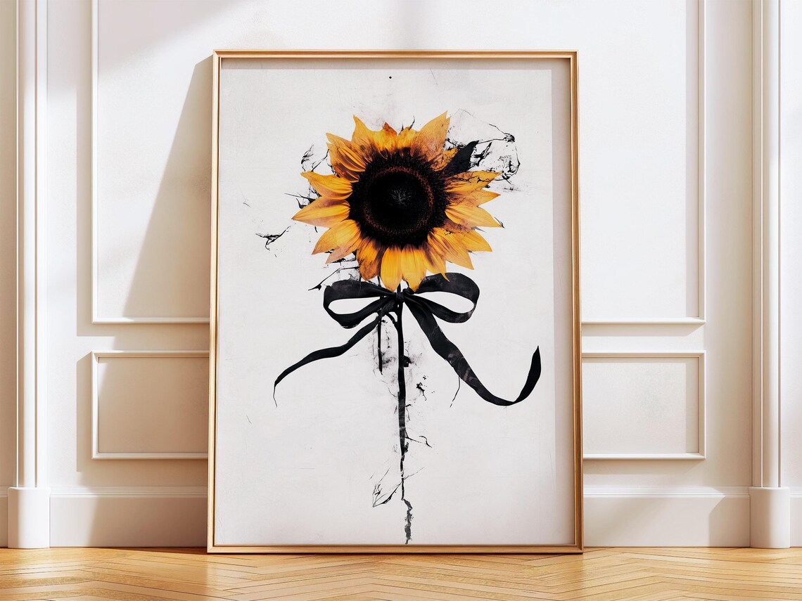 Sunflower Black Bow Ink Splatter Modern Abstract Floral Poster