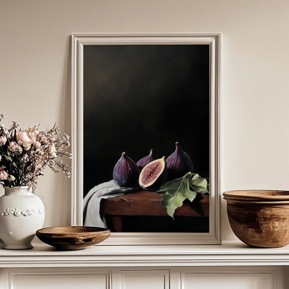 Fig Still Life Wall Art Oil Painting Style Print Dark Moody Fruit Picture Rustic English Cottage Decor Autumn Fall Season 41