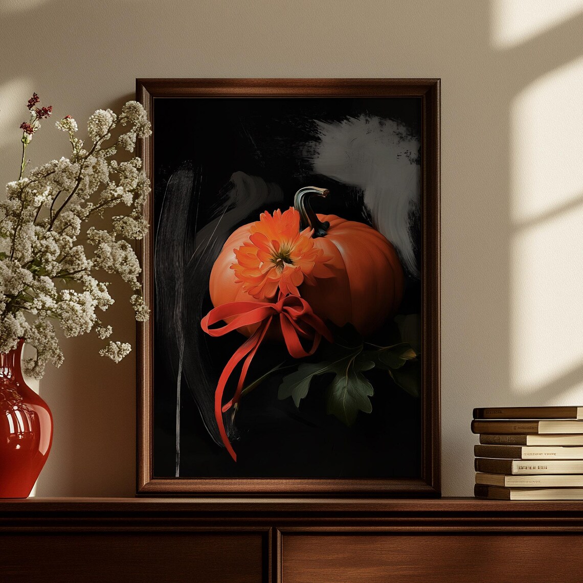 Orange Pumpkin With Red Bow And Dahlia On Black Moody Art Poster - Image 3
