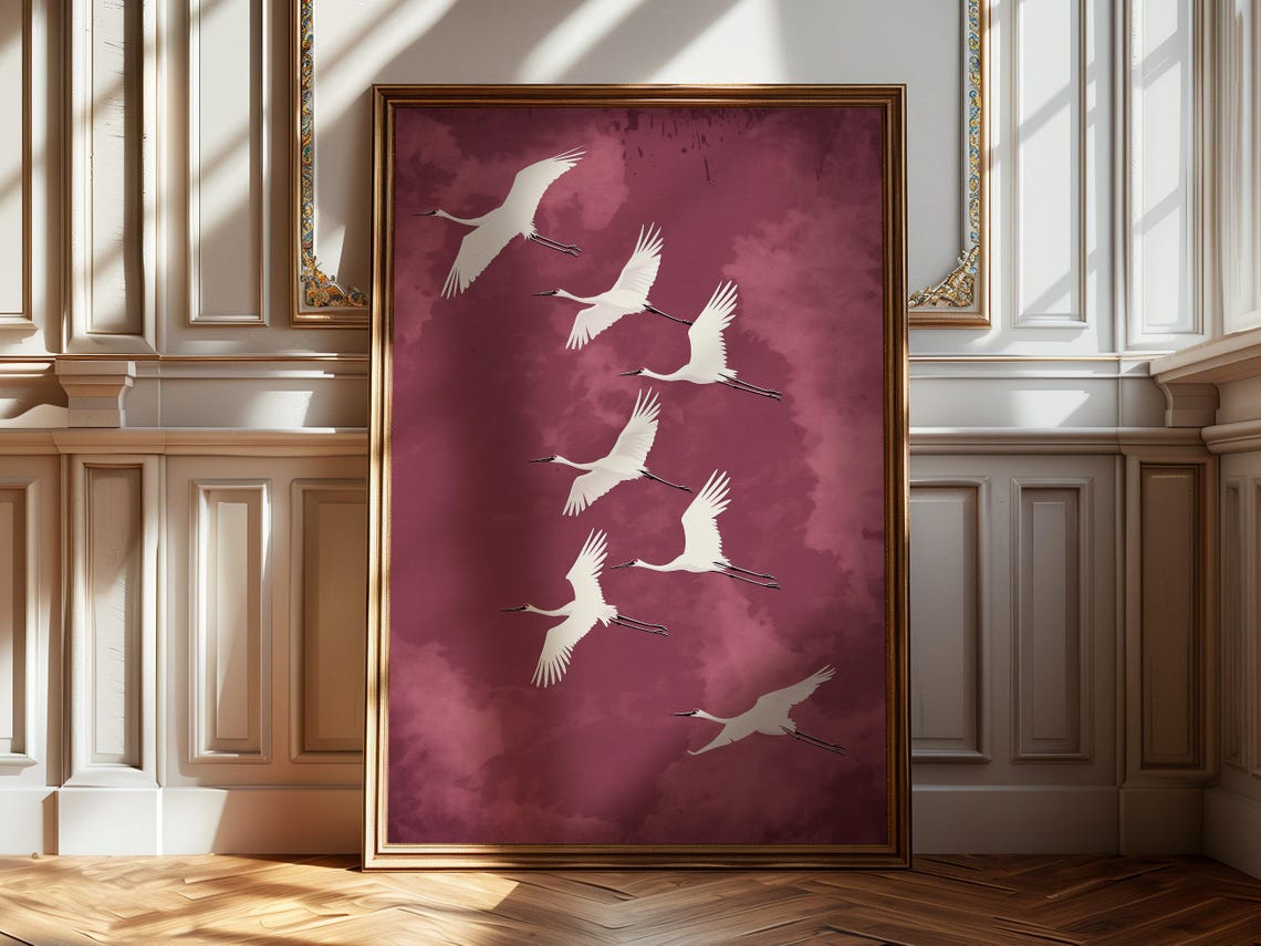 Seven White Cranes Flying Burgundy Watercolor Sky Elegant Art Poster