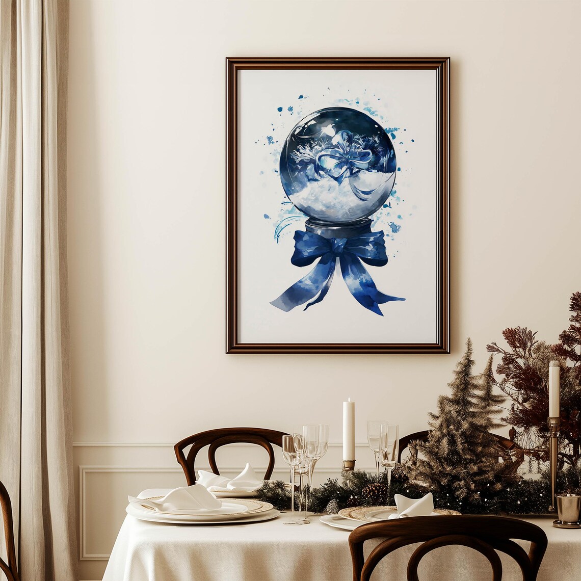 Blue Watercolor Snow Globe With Bow Winter Christmas Art Poster - Image 3