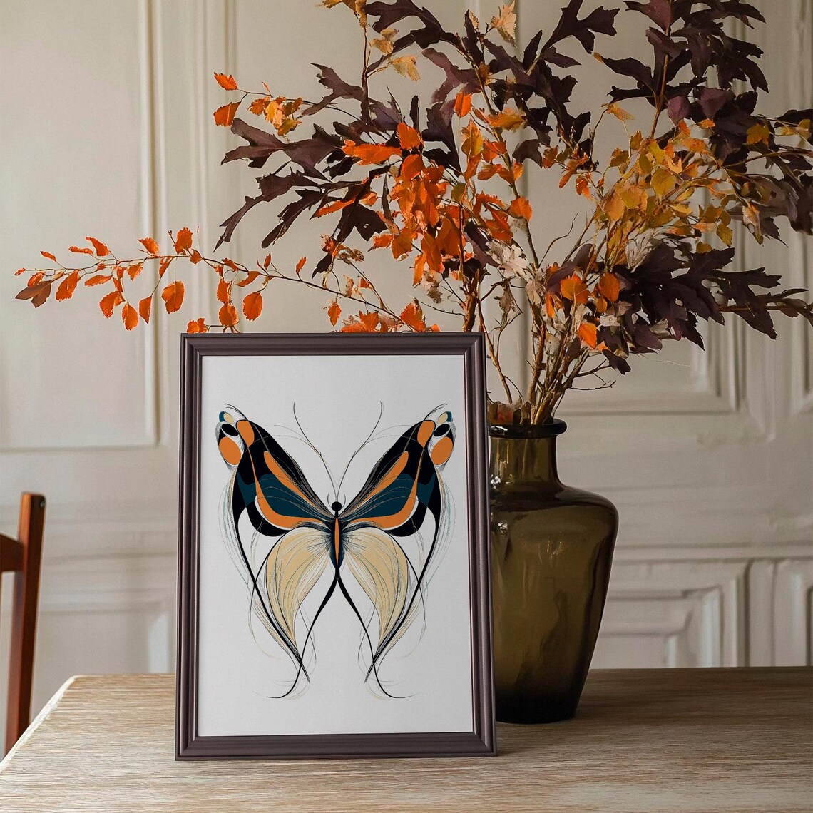Abstract Butterfly Line Art Orange Teal Minimalist Modern Decor Poster - Image 2
