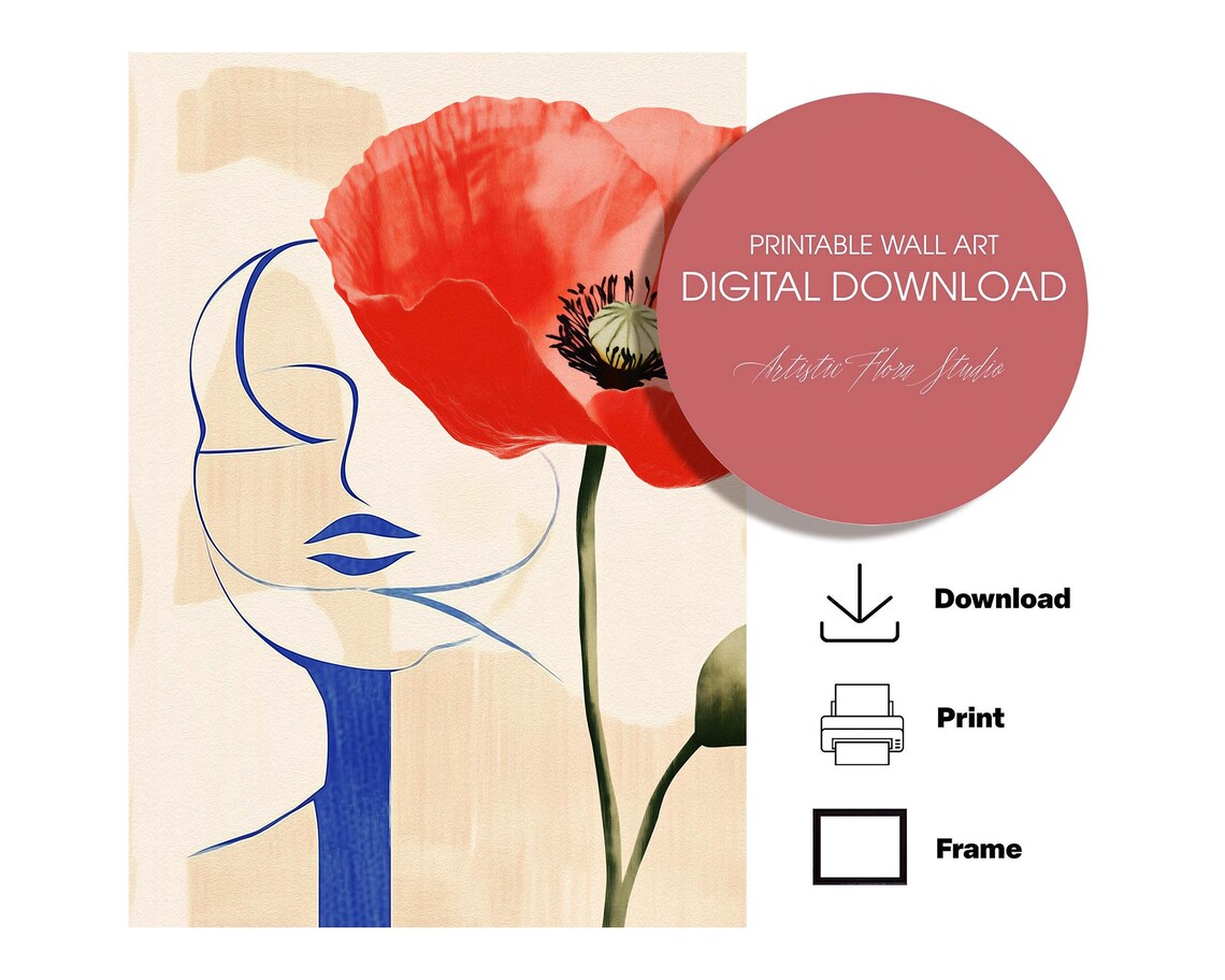 Red Poppy Abstract Woman Face Line Art Modern Floral Wall Poster - Image 2