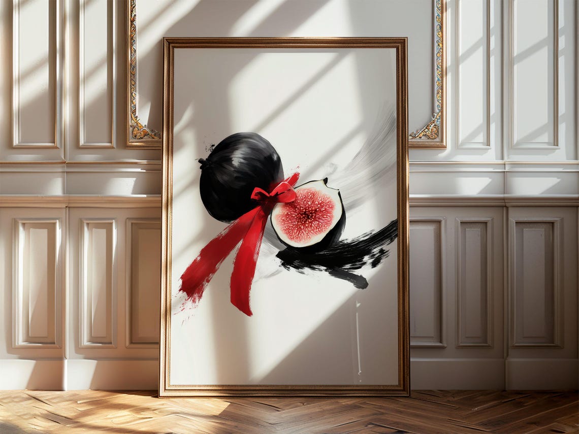 Fig Fruit Red Bow Ink Brushstroke Modern Botanical Art Poster