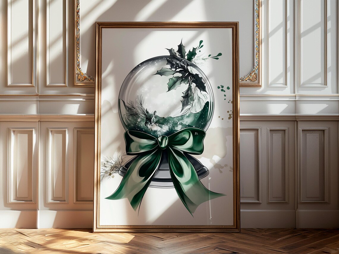 Green Holly Snow Globe With Satin Bow Christmas Watercolor Art Poster - Image 5