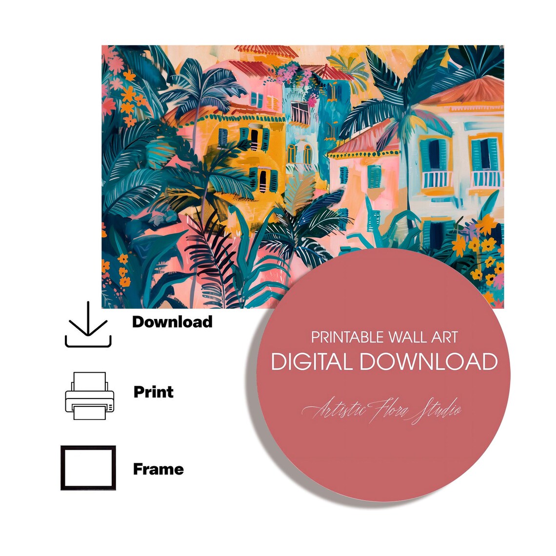 Tropical Mediterranean City Colorful Houses Palm Trees Travel Poster - Image 3