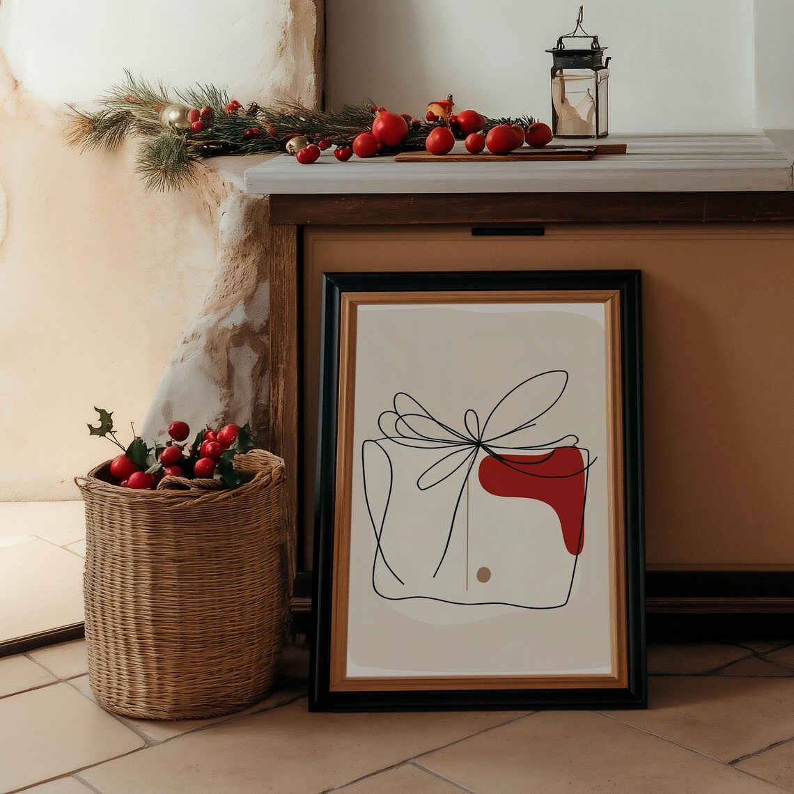 Abstract Line Drawing Christmas Gift Box With Red Shape Art Poster - Image 3