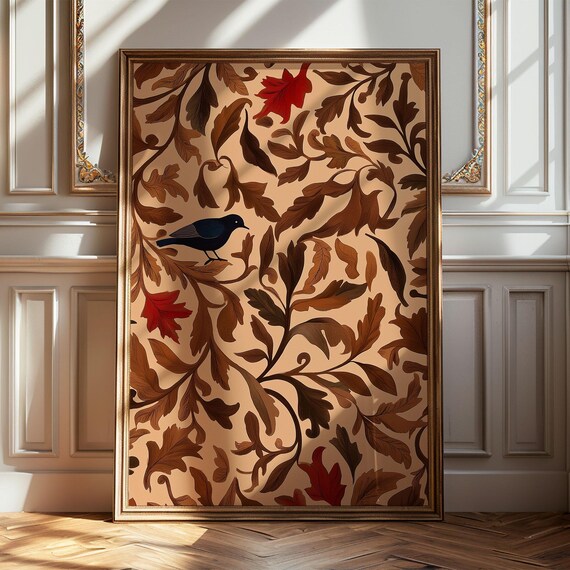 Vintage Botanical Tapestry Bird and Autumn Leaf Pattern Poster