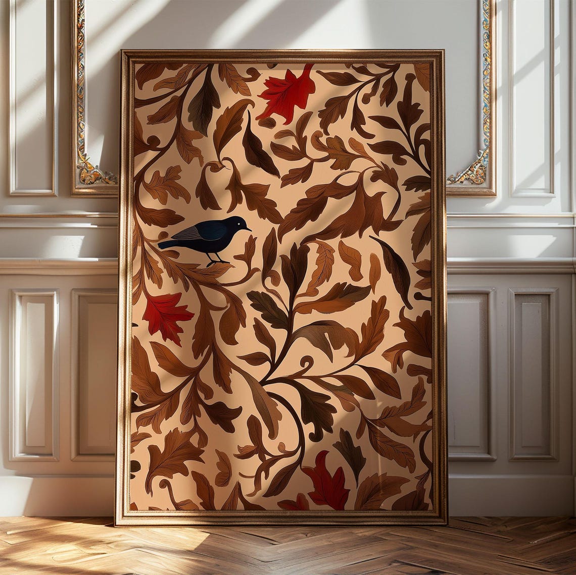 Vintage Botanical Tapestry Bird and Autumn Leaf Pattern Poster