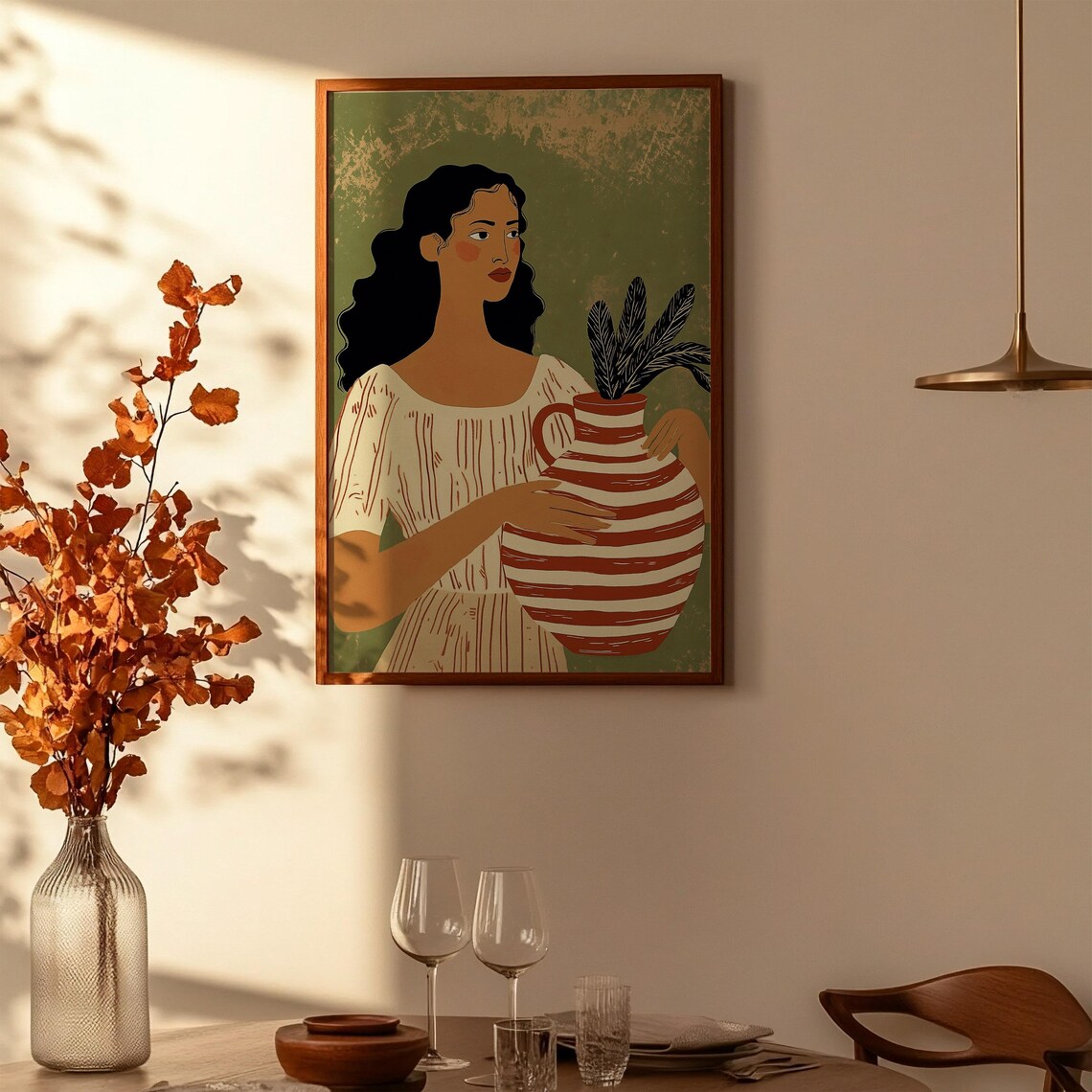 Black Woman Holding Striped Pitcher Mid Century Modern Art Poster - Image 2