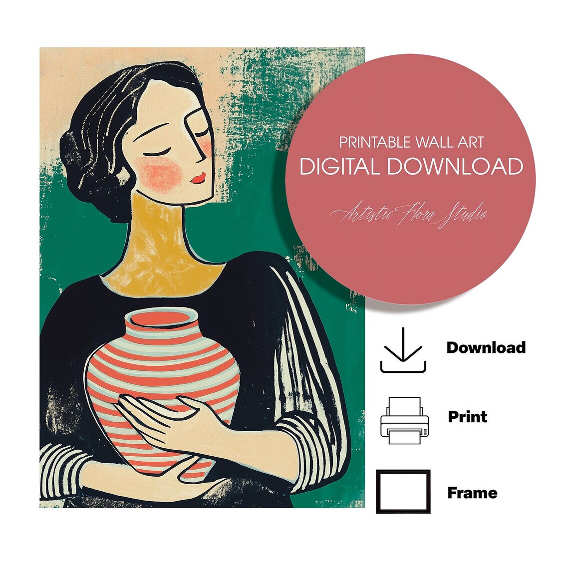 Modern Woman Holding Striped Vase Emerald Portrait Art Poster - Image 2