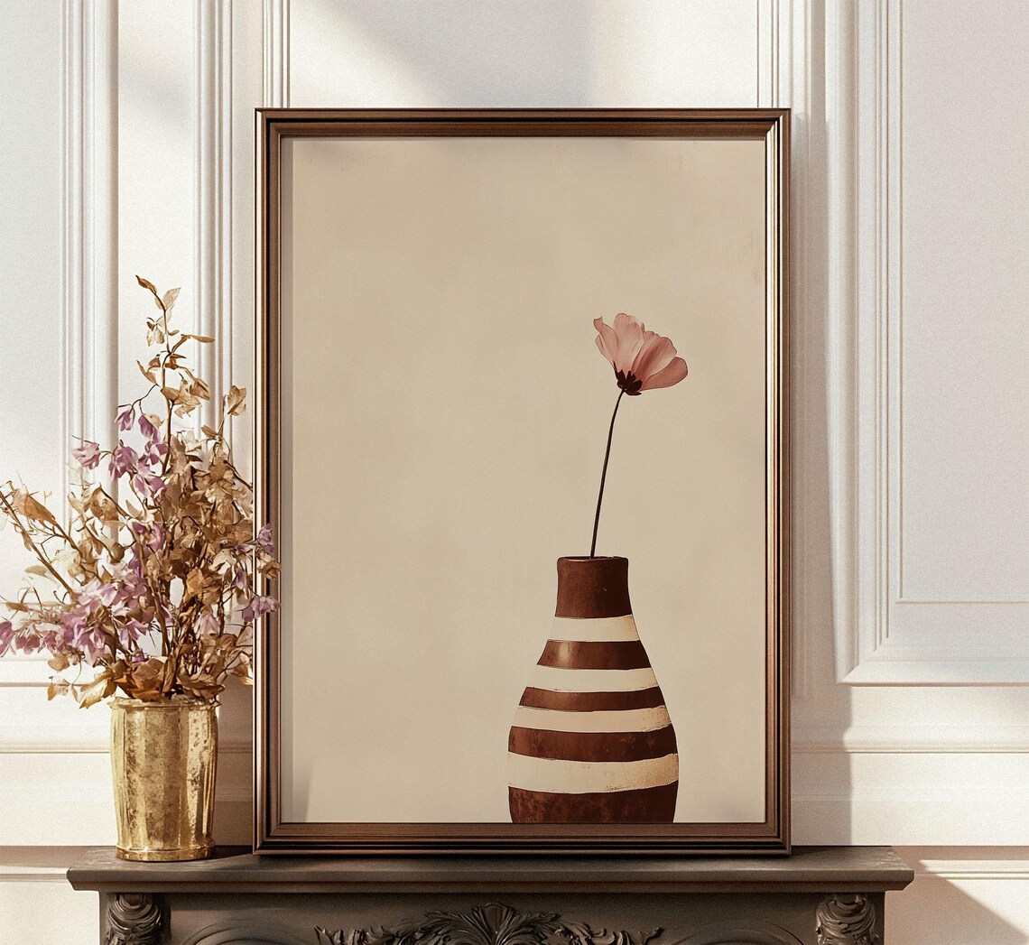 Brown Striped Vase Single Blush Flower Minimalist Art Poster - Image 4