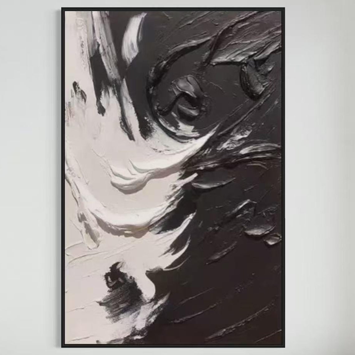 Black and White Swirling Brushstroke Contrast Vertical Abstract Poster