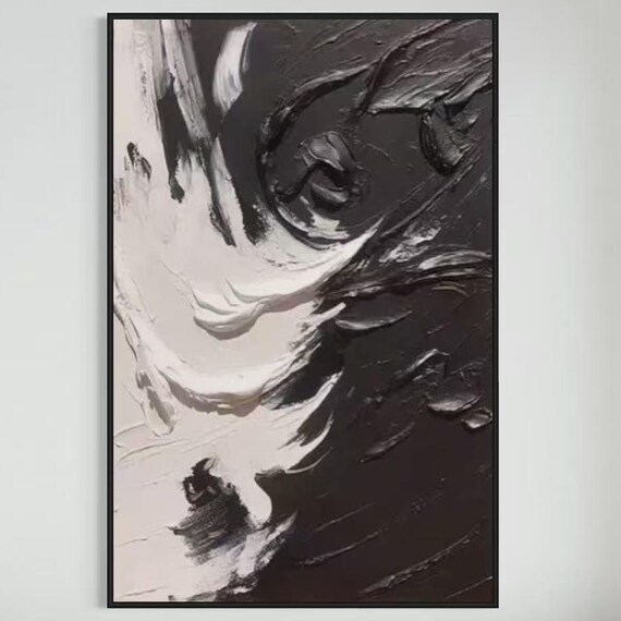 Modern Black White Acrylic Art 3d Textured Oil Painting On Custom Minimalist Handmade Artwork Extra Large Vertical Wall Decor