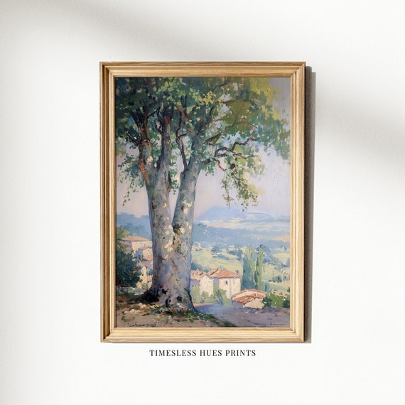 Vintage Countryside Landscape Painting Tree And Village Painting Hillside Print Rural Vista Art Calming Landscape