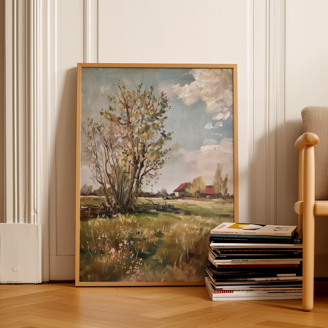 Lone Tree Rustic Farm Meadow With Red Barn Oil Painting Poster - Image 2