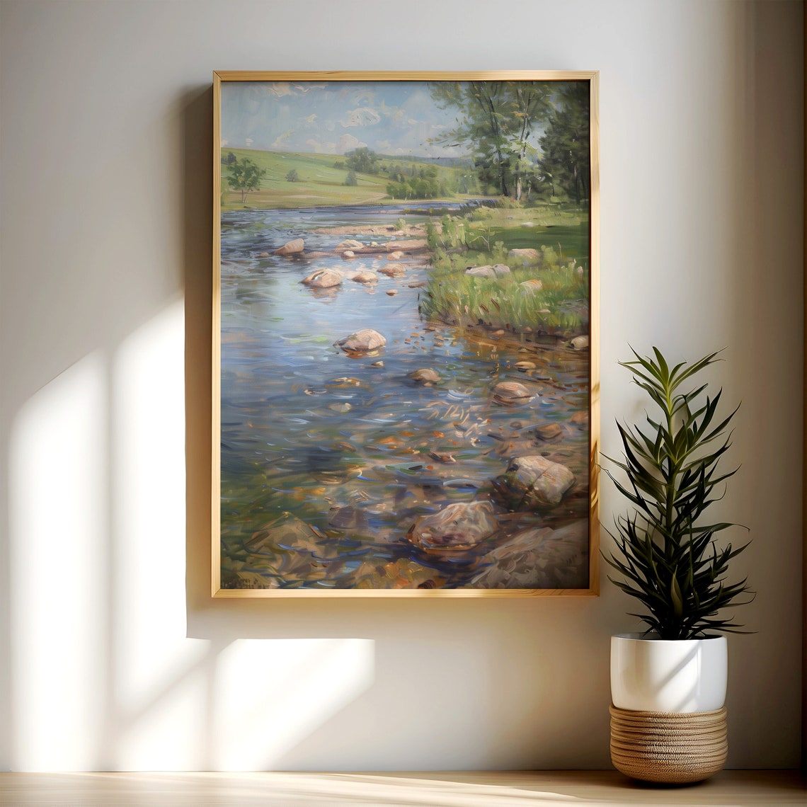 Clear Shallow River With Smooth Stones And Green Banks Poster - Image 2