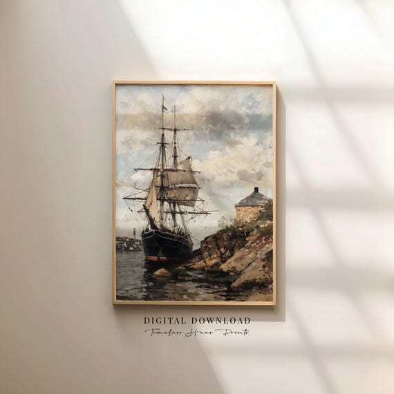 Vintage Ship Painting Moody Seascape Art Nautical Wall Decor Coastal Print Antique Boat Dark Academia