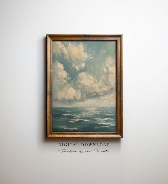 Vintage Ocean Waves and Clouds Moody Seascape Oil Painting Coastal Art Poster