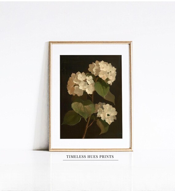 Vintage Hydrangea Floral Painting Moody Floral Oil Painting Botanical Artwork Impressionistic Flower Art