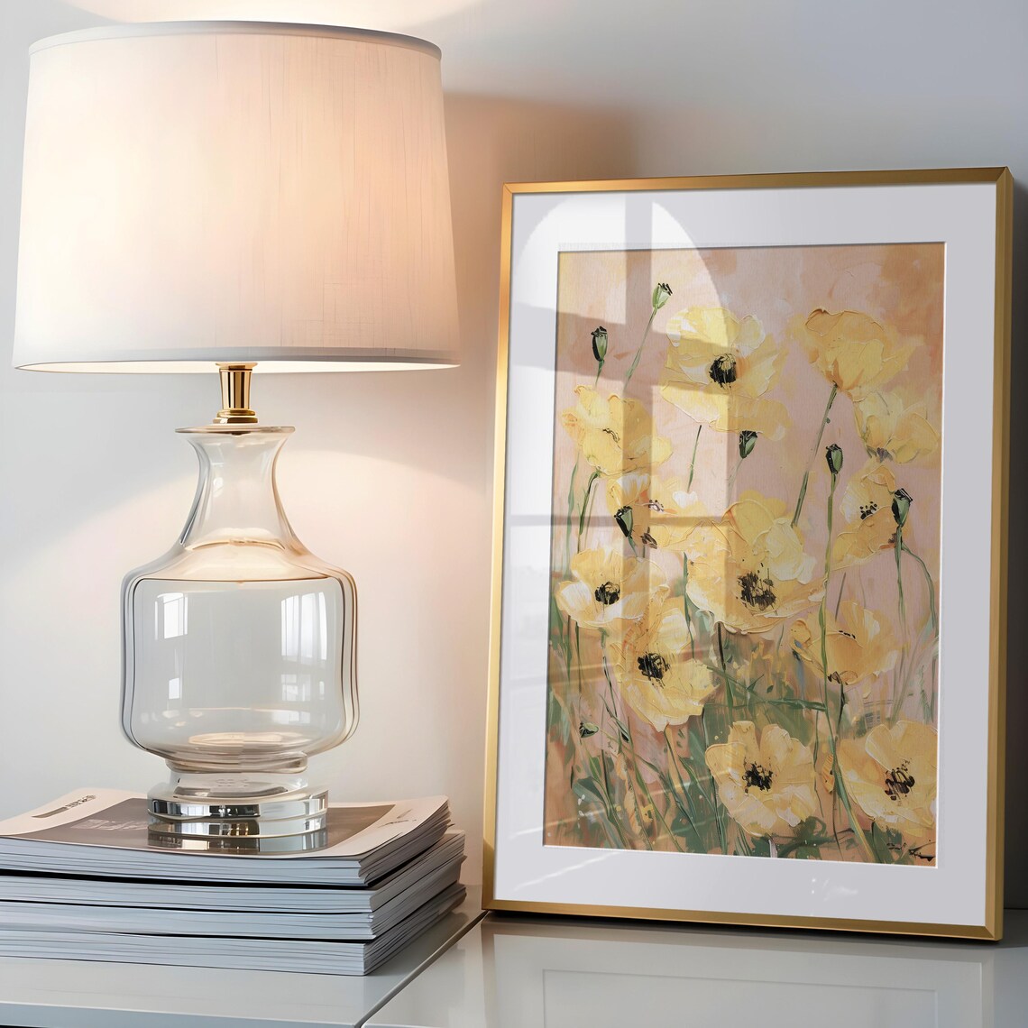Golden Poppy Blossoms Textured Floral Oil Painting Sunny Wall Art