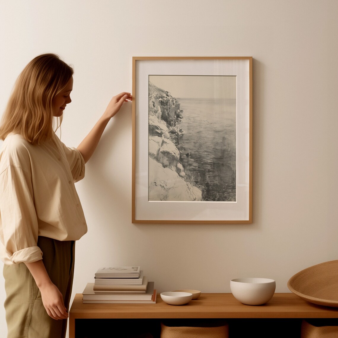 Quiet Rocky Shore Pencil Sketch Minimalist Coastal Drawing Wall Art - Image 2