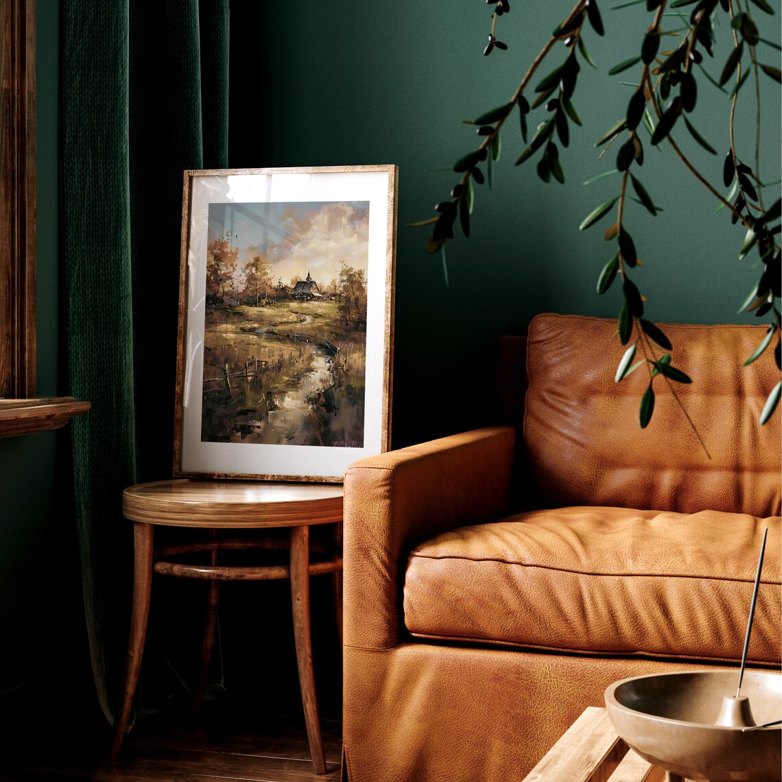 Rustic Farmhouse by Stream Golden Hour Autumn Oil Painting Poster - Image 2