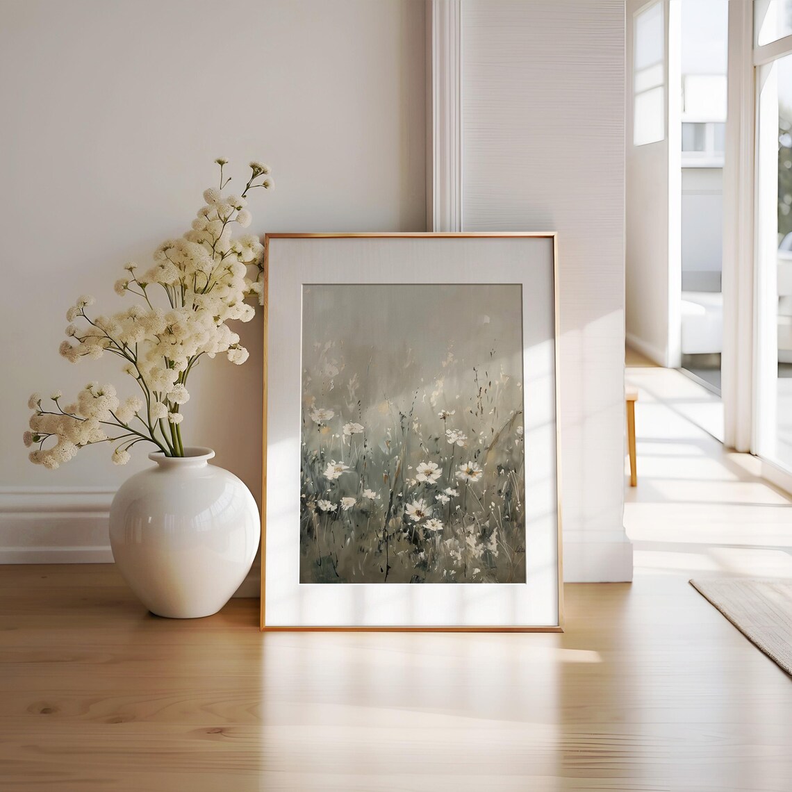 White Daisies Misty Field Painting Vintage Floral Art Flowers In The Fog Beige And Gray Floral Botanical Art
