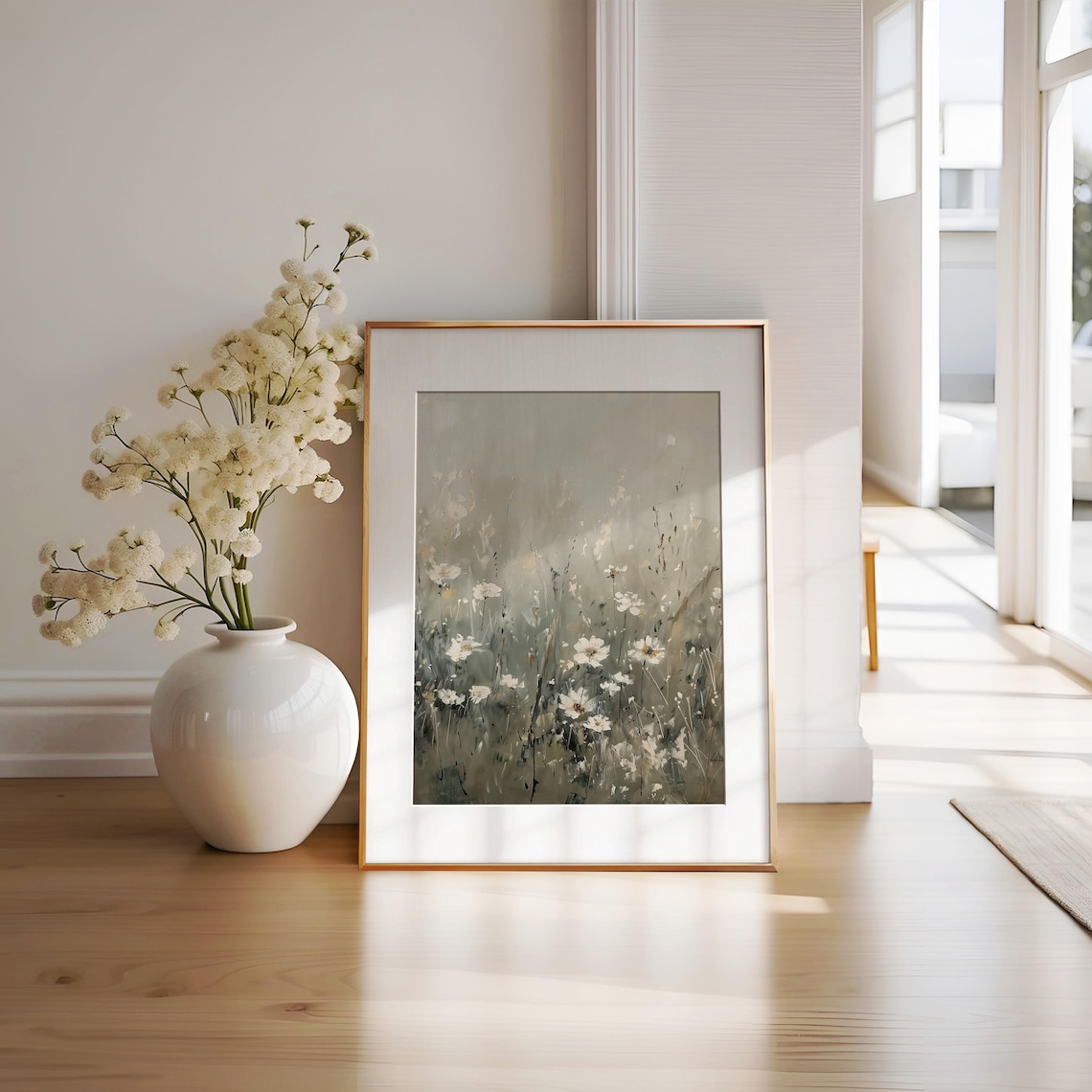 White Daisies Misty Field Vintage Floral Meadow Painting Poster
