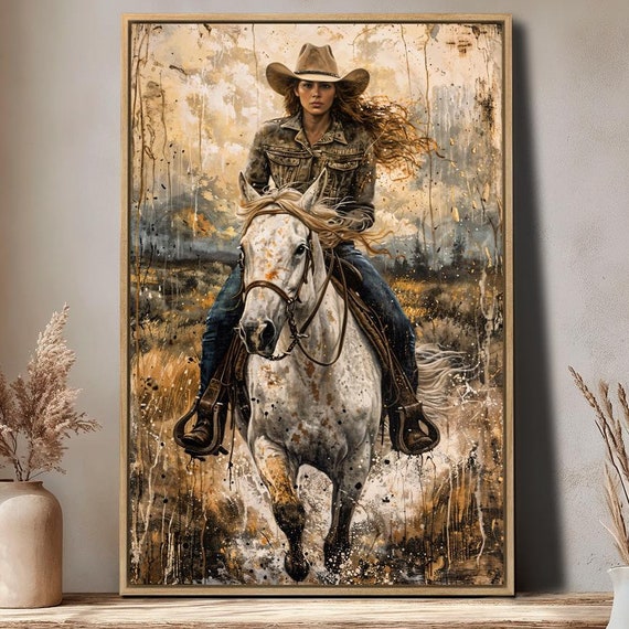 Western Cowgirl Framed Canvas Wall Art White Horse Galloping Painting Print Abstract Countryside Poster Equestrian Decor Gift Ready To Hang