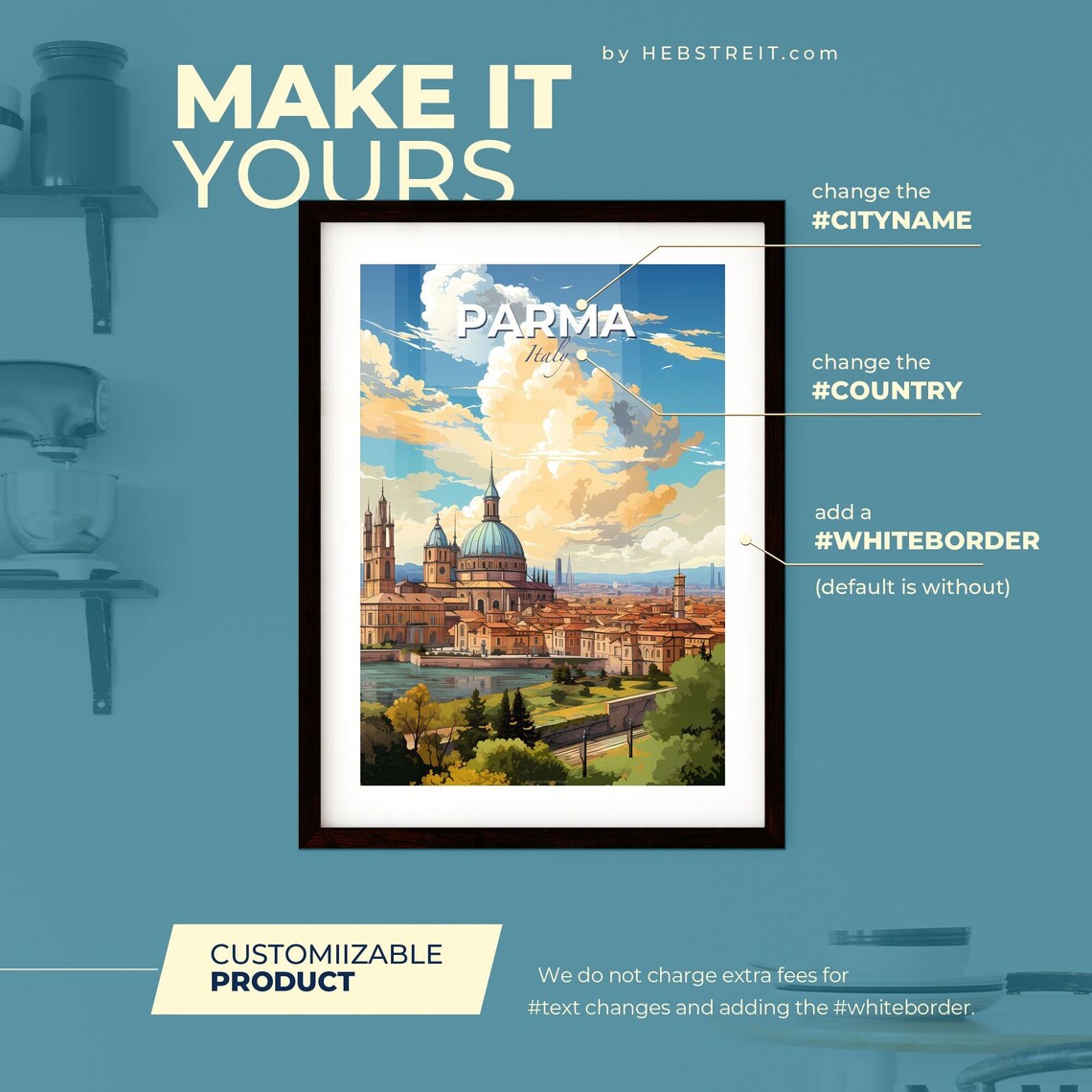 Parma Italy Skyline Cathedral Blue Dome Riverside Cityscape Travel Poster - Image 2