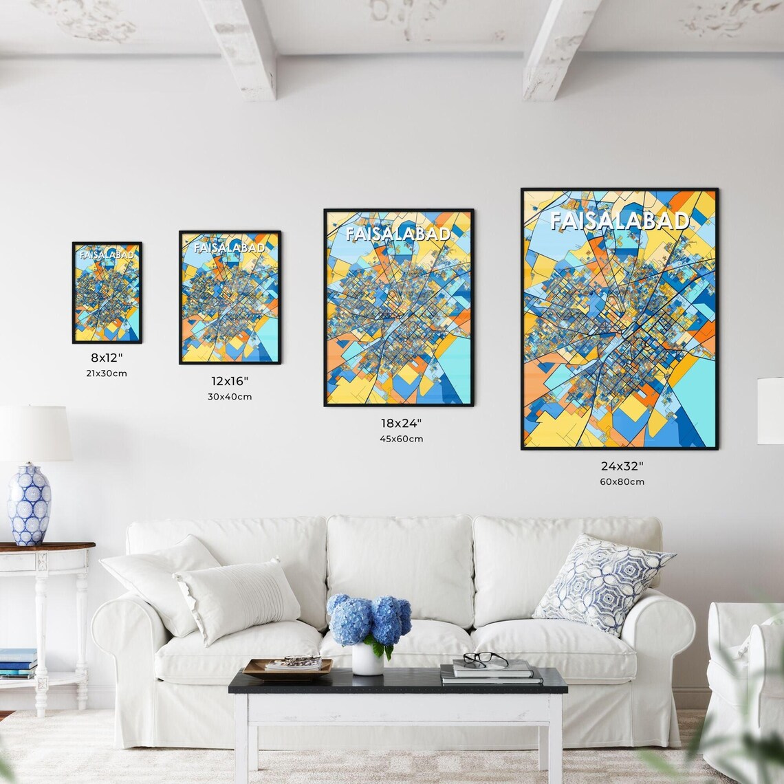 Faisalabad Pakistan Stylish Vibrant Blue and Orange Mosaic City Map Poster - Image 3