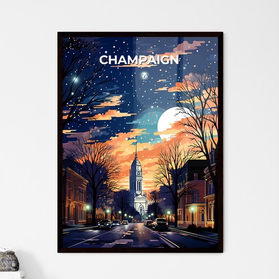 Champaign Illinois Moonlit Downtown Street Large Moon Night Poster