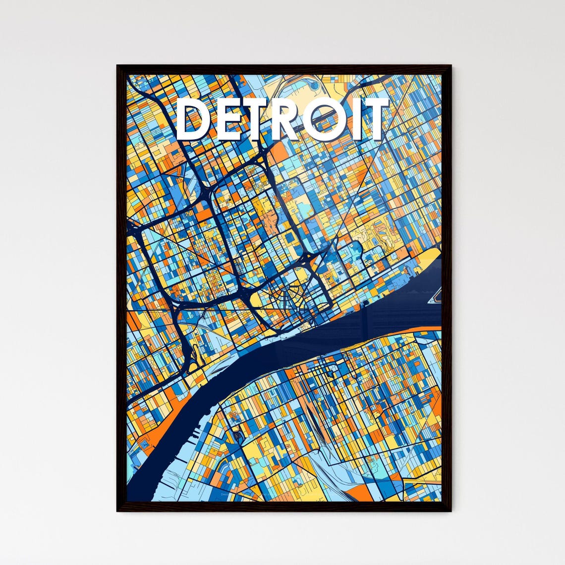 Detroit Michigan Vibrant Stylized Blue and Orange City Map Poster
