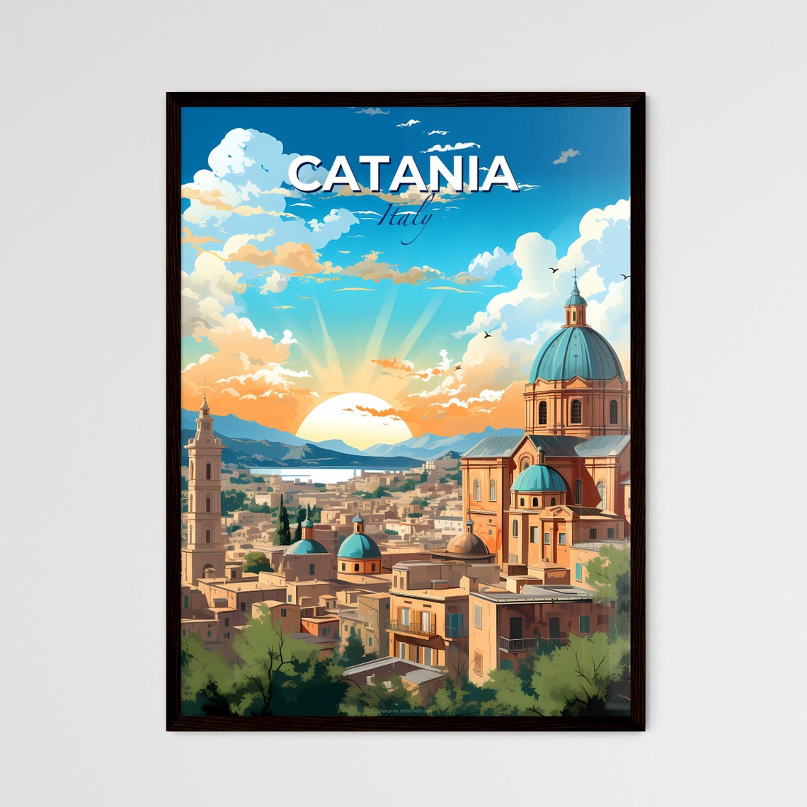 Vivid Catania Italy Sunset Domed Churches City Rooftop Poster