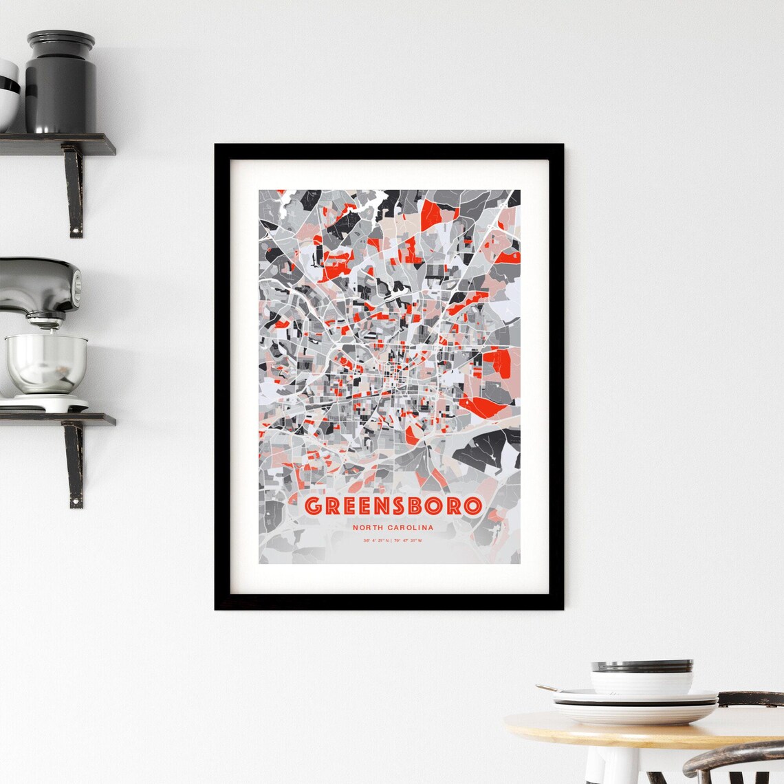 Greensboro North Carolina Bold Red and Gray Modern Abstract City Map Poster - Image 2