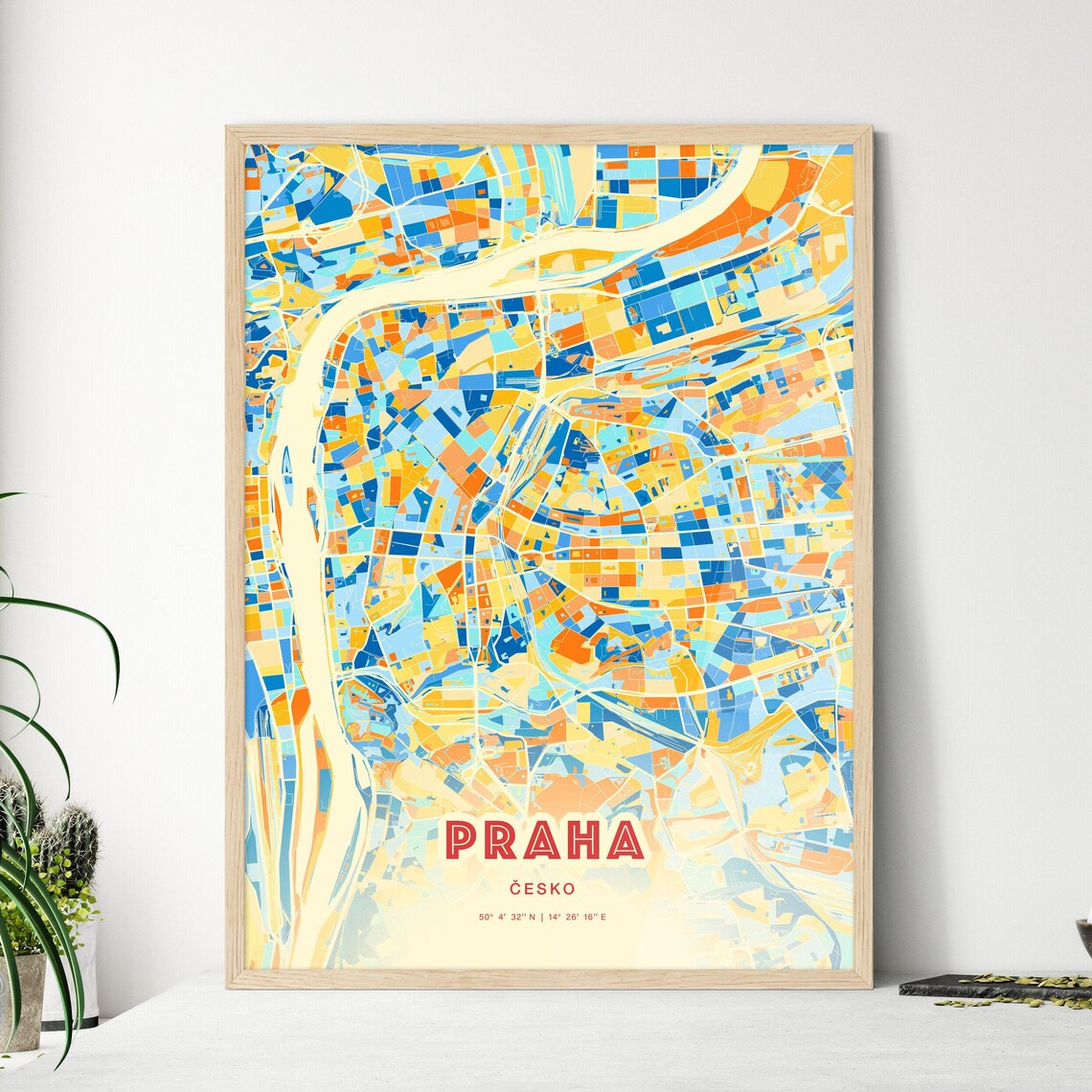 Praha Czechia Colorful Blue Orange Abstract City Street Map Art Poster