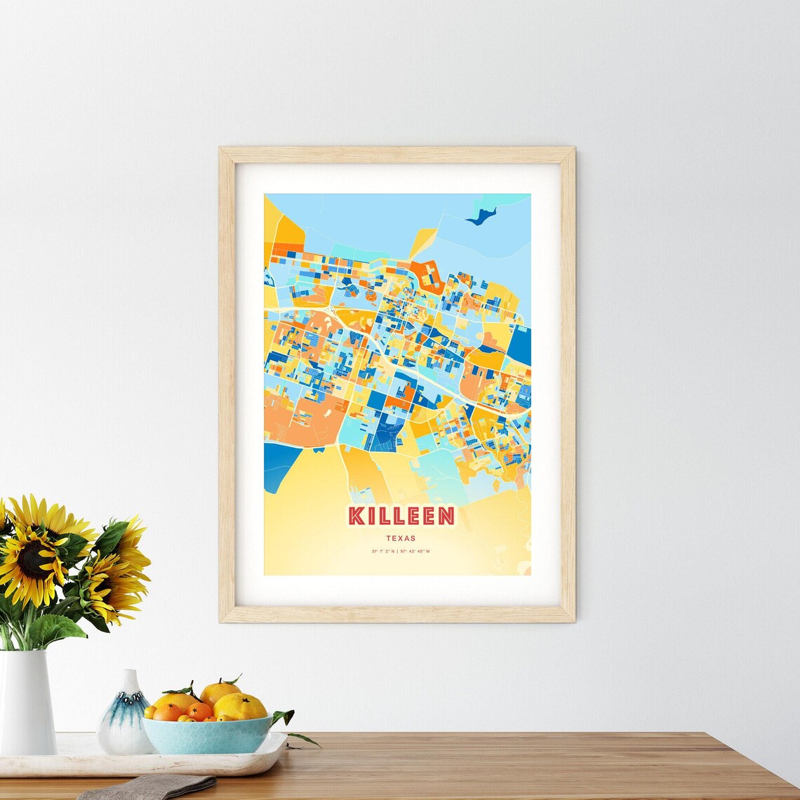 Killeen Texas Colorful Blue Orange City Map Art Poster with Coordinates - Image 2