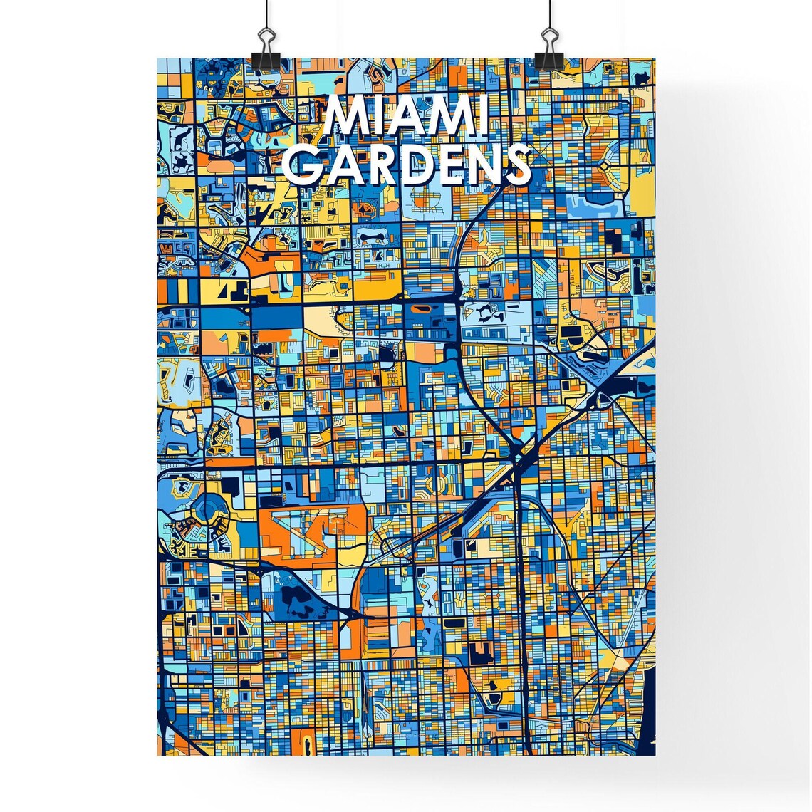 Miami Gardens Florida Stylish Vibrant Blue and Orange Mosaic City Map Poster - Image 4