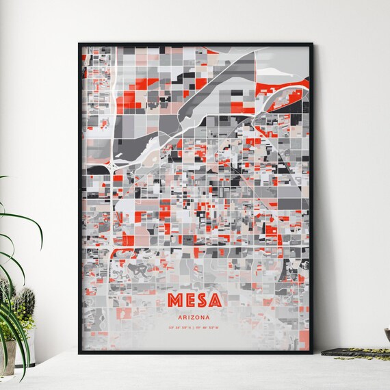 Mesa Arizona Modern Red Gray Expressive City Map Poster Customizable