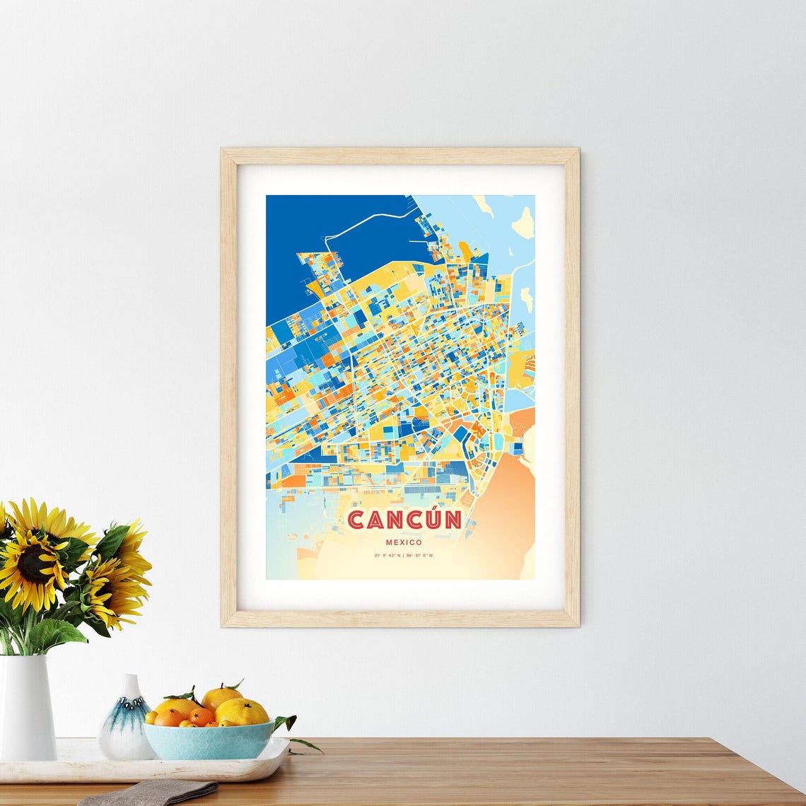Cancun Mexico Colorful Blue Orange City Street Map Coordinates Poster - Image 2