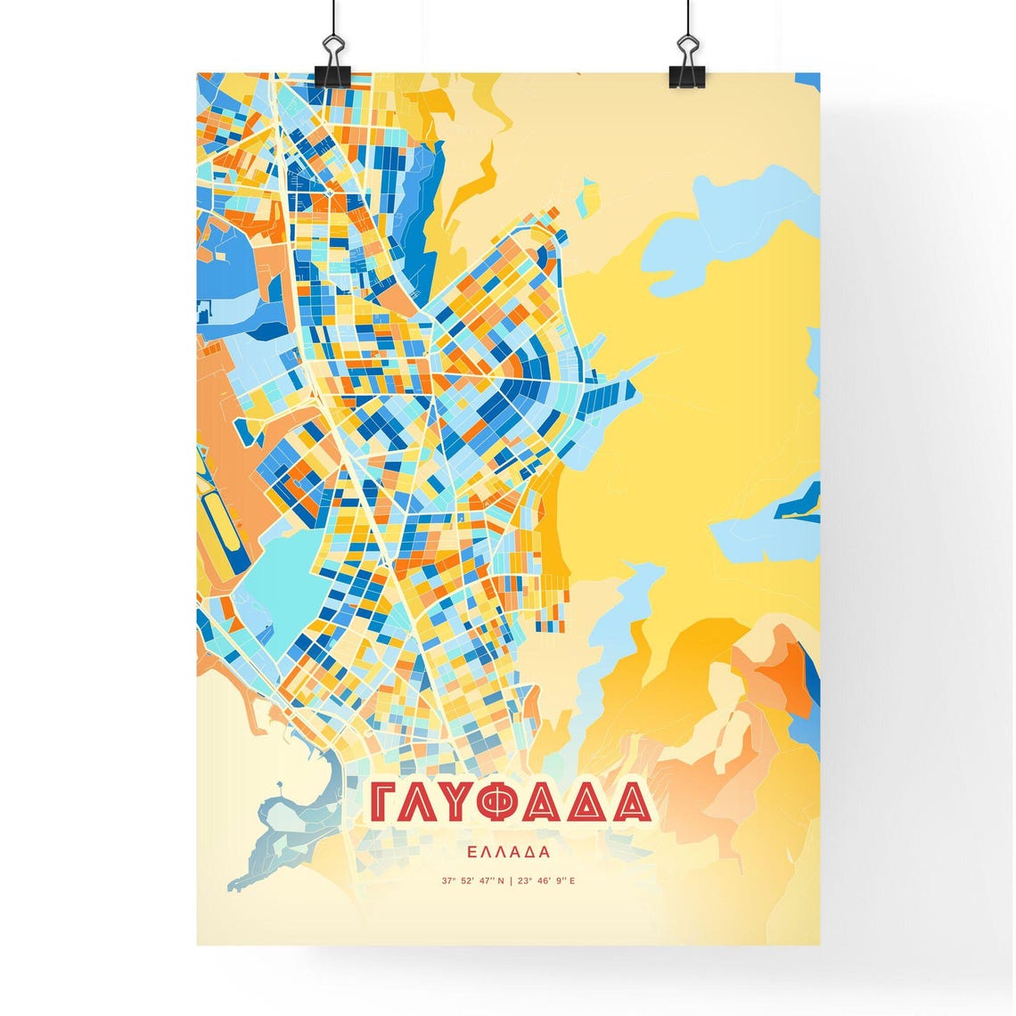 Glyfada Greece Colorful Blue Orange Abstract City Map Art Poster - Image 3