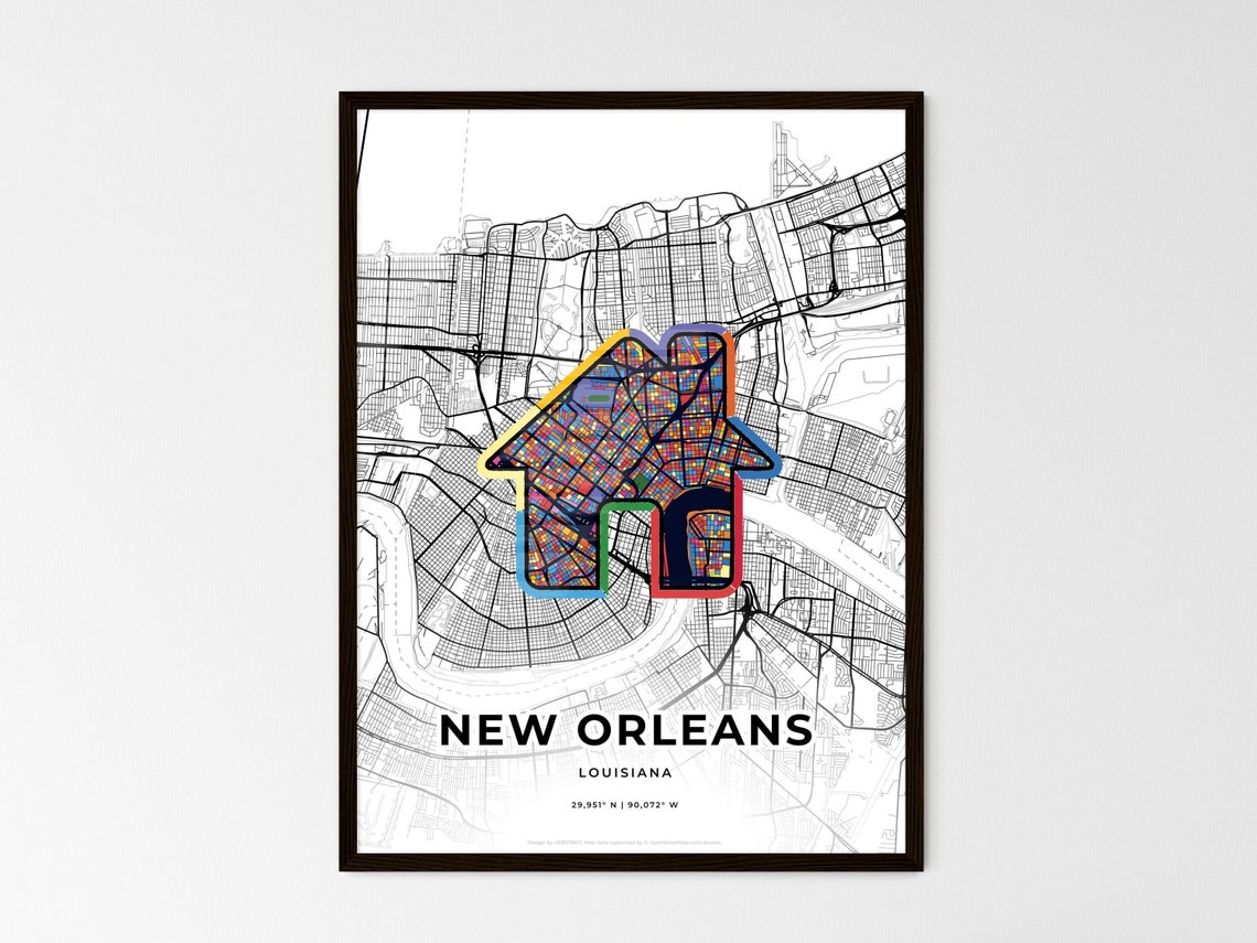 New Orleans Louisiana Minimal Map Art With Colorful Heart Icon Poster - Image 3